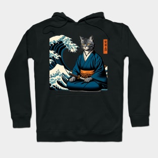 Vaporwave Samurai Cat Great Wave Off Kanagawa Hoodie